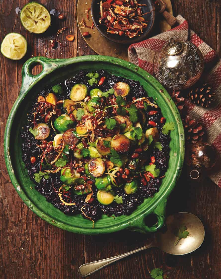 Photograph of Yotam Ottolenghi's black miso sticky rice with peanuts and brussels sprouts