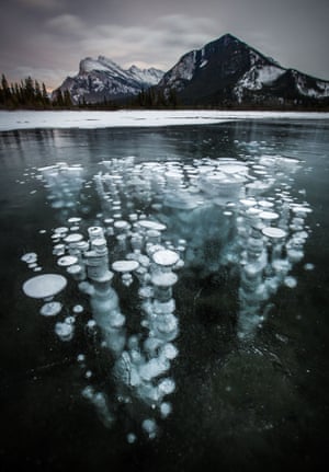 Methane gas bubbles underneath Vermillion Lake in Banff National Park in Alberta, Canada,