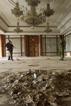 Government soldiers inside Mobutu’s Gbadolite palace in 2001.
