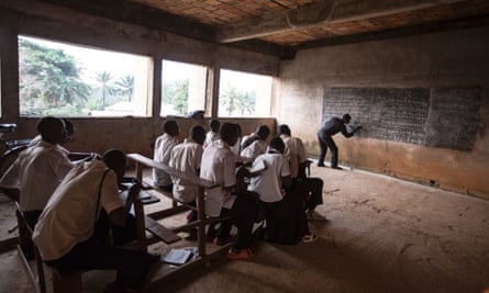 Gbadolite’s water ministry building was halted mid-construction and now serves as a school.