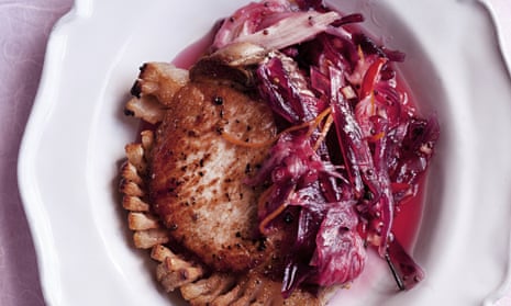 Nigel Slater's pork chop and rhubarb chutney recipe on a plate