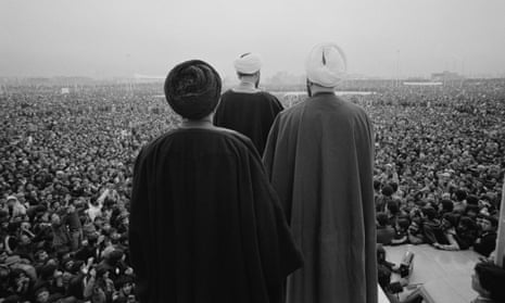 Iranian Shia clerics address crowds of demonstrators in Tehran on 10 February 1979.