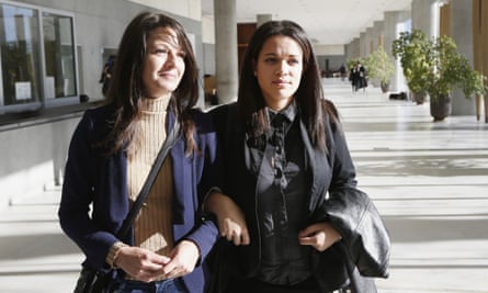 Manon Serrano (right) and her mother Sophie Serrano leave Grasse courthouse.