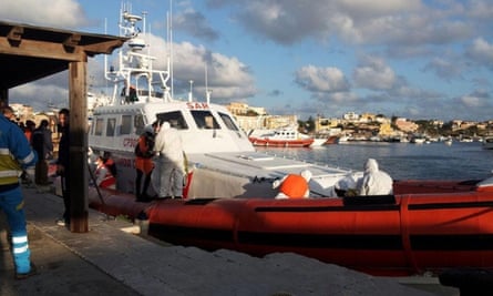 An Italian coastguard boat arrives at Lampedusa on 11 February.