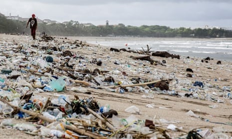 Kuta beach, Indonesia, strewn with plastic litter. Up to 83% of waste is mismanaged in the country.