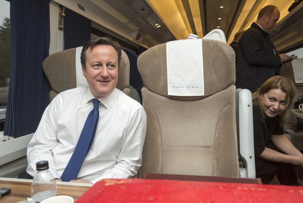David Cameron travelling by train to Doncaster in February.