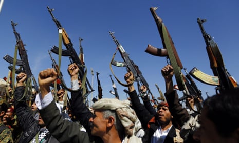 Tribal gunmen loyal to the Shiite Houthi group show support to the group during a gathering in Sana’a, Yemen. 