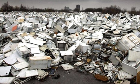 an ocean of fridges at a site near to the Manchester Ship Canal, Manchester.  More than 26 million fridges, freezers and washing machines have been dumped in the past five years