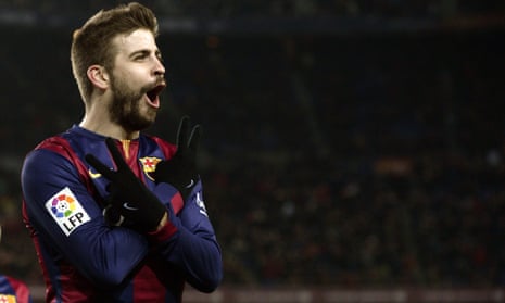 Does Gerard Pique have a not-so secret message for someone as he celebrates Barcelona's third goal?