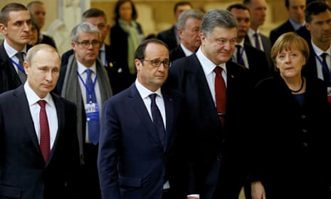 Vladimir Putin, Francis Hollande, Petro Poroshenko and Angela Merkel