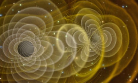 A simulation of gravitational waves produced by two orbiting black holes.
