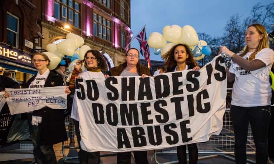 Campaigners against domestic violence demonstrating at the London premiere of Fifty Shades of Grey.