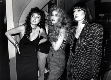 Marie Helvin, left, with Jerry Hall and Anjelica Huston in 1985.