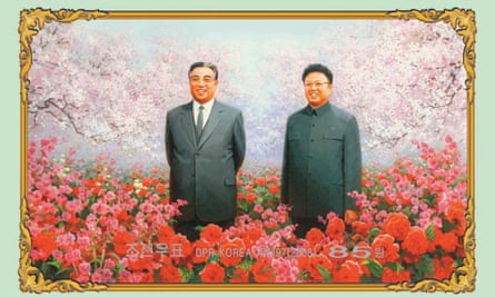 A stamp showing Kim Il-sung, the founder of North Korea, and his son Kim Jong-il in a field of Kimjongilias, a kind of begonia named after the leader.