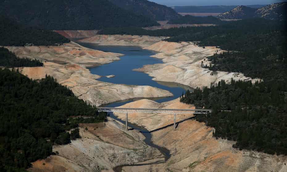 A section of Lake Oroville in California is seen nearly dry on August 19, 2014 in Oroville, California.  Global warming will only intensify North American droughts further.