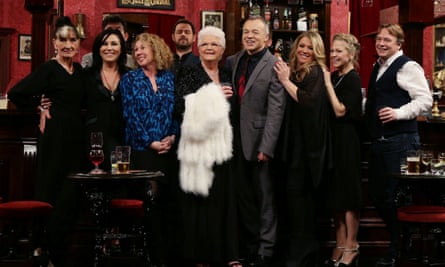 June Brown, Jessie Wallace, John Altman, Jane Slaughter, Danny Dyer, Pam St Clement, Graham Norton, Letitia Dean, Kellie Bright and Adam Woodyatt during filming of a special episode of the Graham Norton Show to celebrate 30 years of EastEnders.