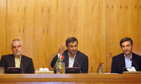 Iranian President Mahmoud Ahmadinejad (c) and Vice-President Mohammad Reza Rahimi (L) in a cabinet meeting, in Tehran, Iran, in 2011.