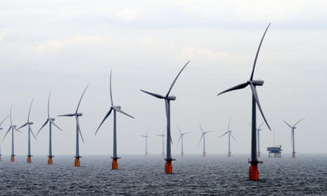 rows of wind turbines out at seat off ramsgate, kent
