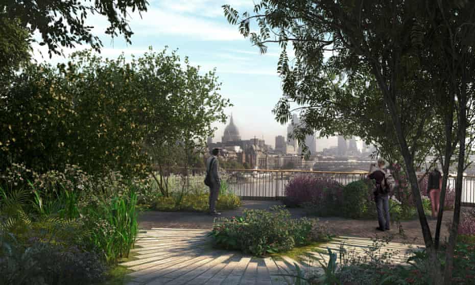 An artist's impression showing a view from the proposed London Garden Bridge