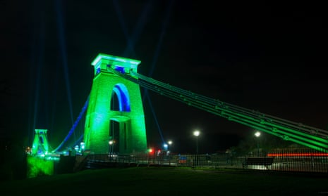 Clifton Suspension Bridge lit up green to celebrate the beginning of its year as European Green Capital. 