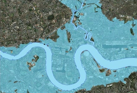 Areas with a one-in-1,000 risk of tidal flooding without the Thames Barrier and associated tidal walls. Image: The Environment Agency