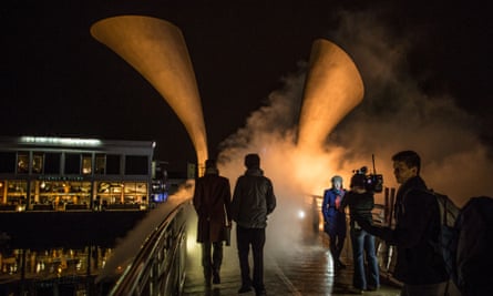 Pero’s Bridge, which has been transformed into a fog bridge by Japanese artist Fujiko Nakaya to celebrate the city’s status as European Green Capital.