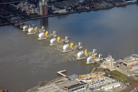 The Thames Barrier closed at high tide.