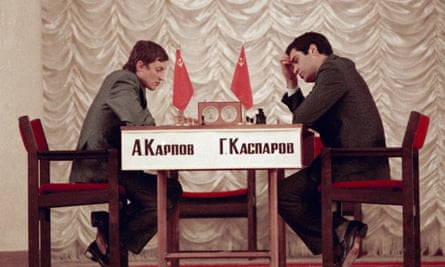 Anatoly Karpov, left, defending world chess champion, and challenger Garry Kasparov, both of the Soviet Union, at the World Chess finals in Moscow, Sept. 1984.
