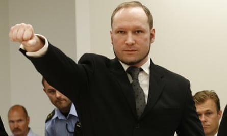 A fascist salute by Breivik as he faced sentencing