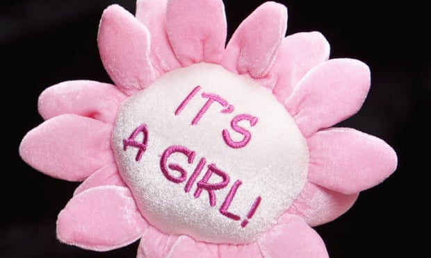 A pink stuffed toy flower with the logo 'It's a girl'