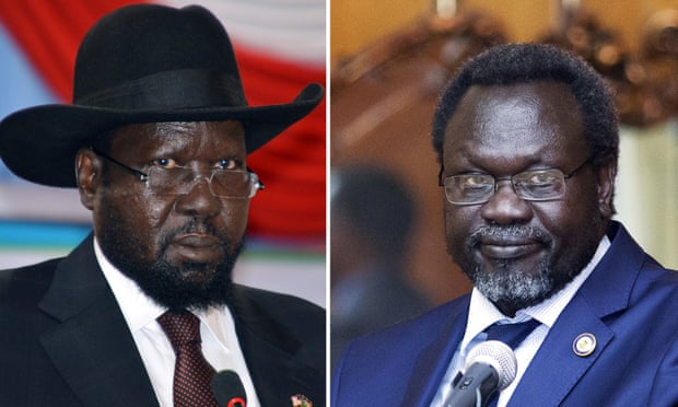 South Sudan's president Salva Kiir (left) and leader of South Sudan's largest rebel group and former vice-president Riek Machar (right).