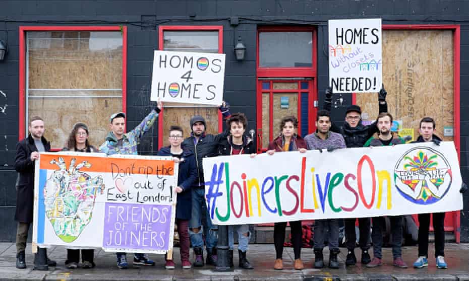Campaigners protest against the redevelopment of the Joiners Arms in east London.