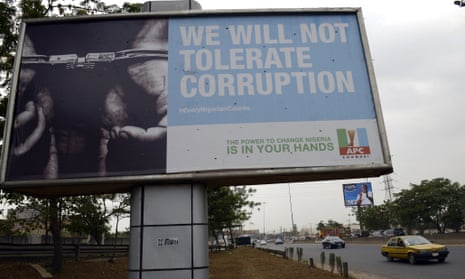 A billboard reading 'We will not tolerate corruption' mounted by the leading opposition All Progressive Congress is seen along a Lagos highway on January 20, 2015. Former UN secretary-general Kofi Annan, who was in Abuja last week urged all presidential candidates and parties to rise above the personal and debate the issues that matter.
