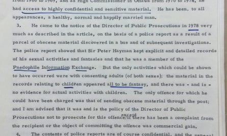 A page of the previously secret file confirms that Hayman was a member of the Paedophile Information Exchange