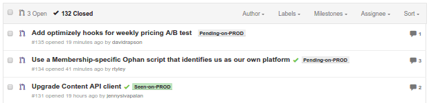 Merged pull requests, labelled according to deployment status