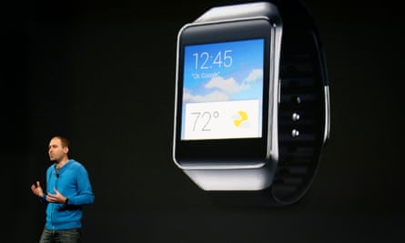 David Singleton, director of engineering for Android, announces a new Samsung Android Wear smartwatch during his keynote address at the Google I/O developers conference in San Francisco in June 2014.
