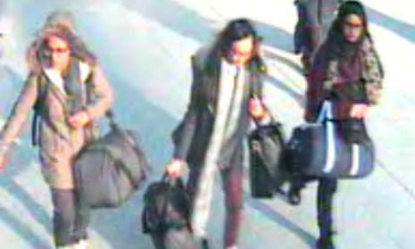 Police CCTV footage shows (from left) teenagers Amira Abase, Kadiza Sultana and Shamina Begum  at Gatwick airport.