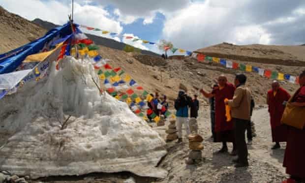 Ice Stupa Artificial Glaciers of Ladakh : The Monk (HH the Rinpochey), The Engineer and The Artificial Glacier on 1st of May 2014.
