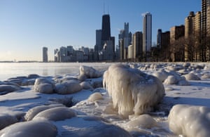 Ice forms along the shore of Lake Michigan