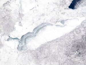 Lake Erie, seen in a satellite image, is more than 90% frozen according to the Great Lakes Environmental  Research Laboratory