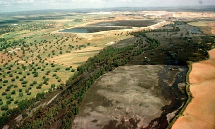 30 Apr 1998, Spain --- The landscape of the Donana Nature Reserve bears the damage of an accident in which 5.2 million cubic meters (182 million cubic feet) of highly acidic water poured into the Guadimar River after a dam broke its banks, Aznalcollar, Spain.