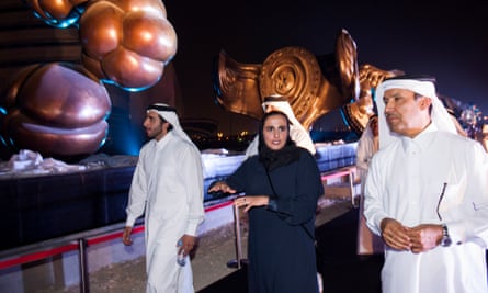 Sheika Al-Mayassa bint Hamad Al-Thani, unveiling of the installation by British artist Damien Hirst, The Miraculous Journey, 14 massive bronze sculptures show the gestation of a human being from conception to birth, Sidra Medical and Research Centre, Doha, Qatar.