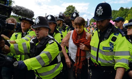 Caroline Lucas being arrested during a 2013 anti-fracking demo