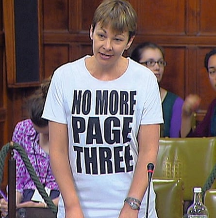 Caroline Lucas wearing a No More Page Three T-shirt during a Commons debate on media sexism