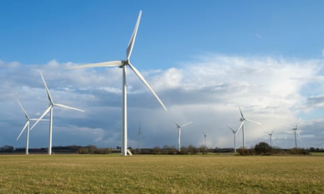 Wind turbines in fields in Langford, Bedfordshire. Photograph: Sarah Niemann