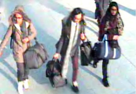 Left to right, British schoolgirls Amira Abase, Kadiza Sultana and Shamima Begum at Gatwick airport.