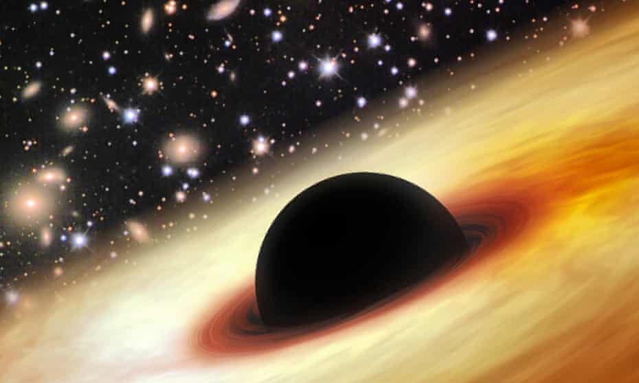 Artist’s impression of a supermassive black hole at the centre of a distant quasar. Scientists believe they have discovered one which is 12 billion times the size of our sun.