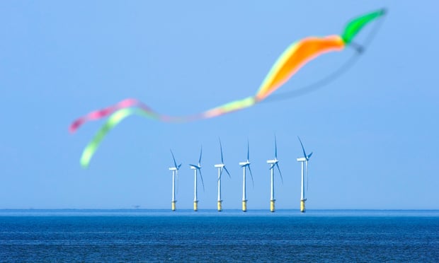 Wind turbines of North Hoyle offshore windfarm, at sea near Prestatyn, North Wales.