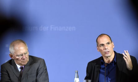 Germany's finance minister, Wolfgang Schäuble, left, and his Greek counterpart Yanis Varoufakis at a joint press conference following their meeting on 5 February 5, 2015 in Berlin.