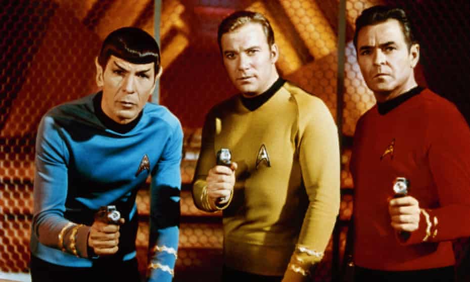 Leonard Nimoy, left, as Spock in the original series of Star Trek, with William Shatner as Kirk and James Doohan as Scotty.